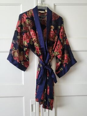 VTG Victoria's Secret Gold Label Floral Paisley Kimono Robe Navy Satin OS